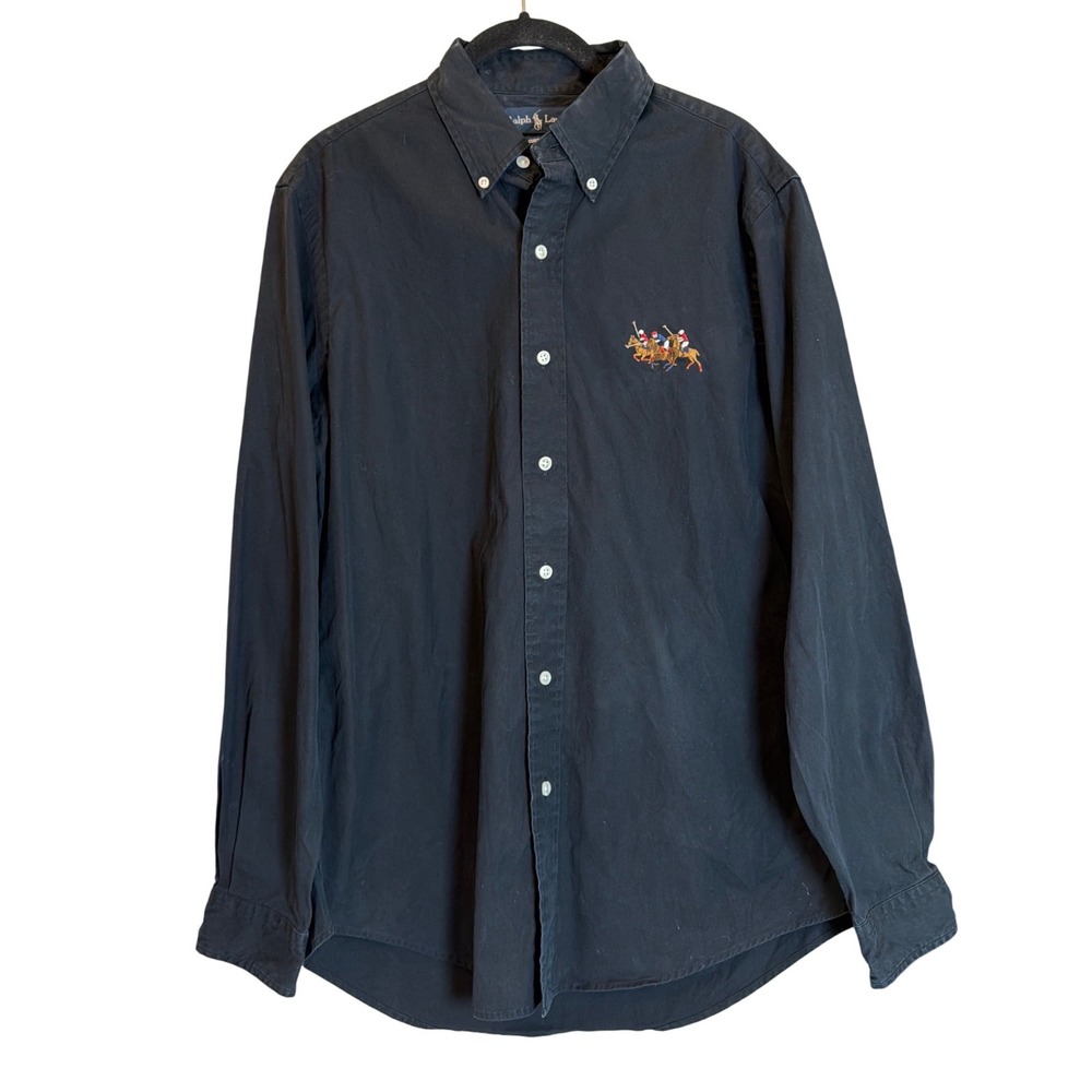 Ralph Lauren Mens Black Custom Fit Triple Pony Long Sleeve Button Down Shirt M
